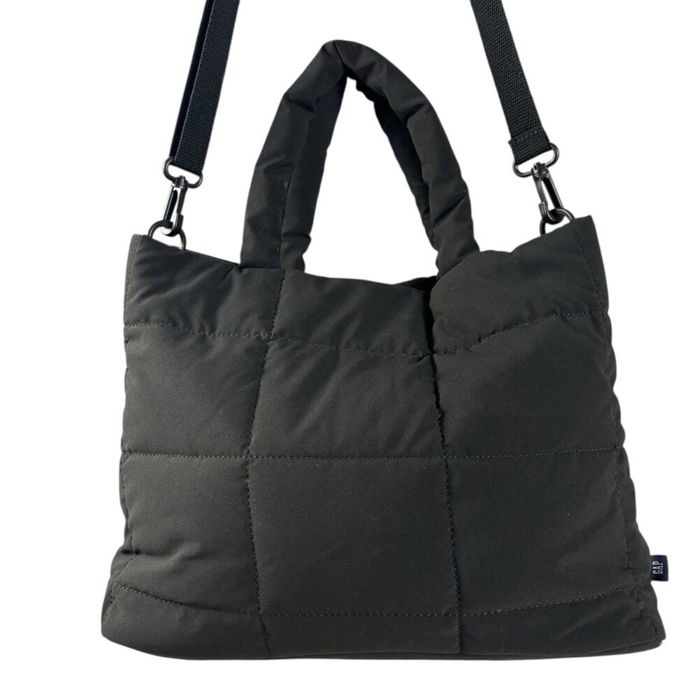 GAP Puffer Tote Bag Black Shoulder Strap Purse Magnetic Close 15” x 11”
